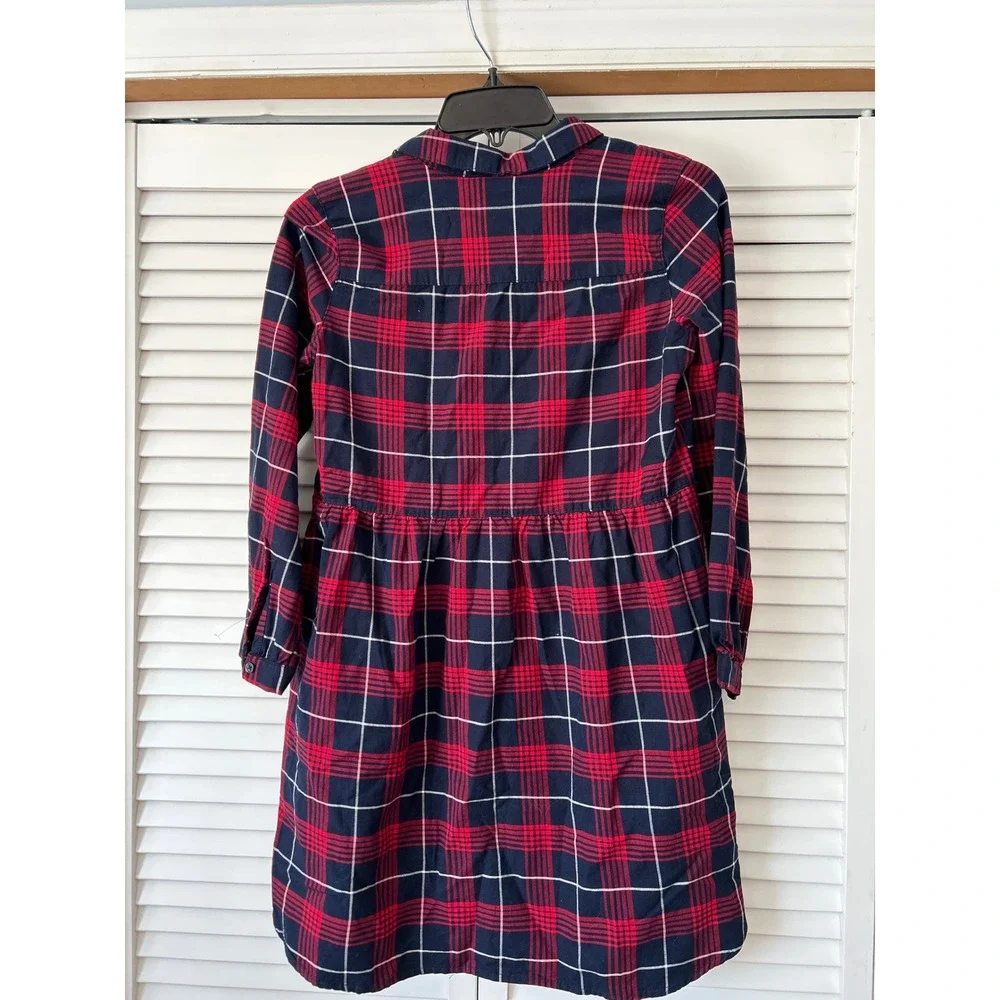 OshKosh Bgosh Girls Red Navy Plaid Button Down Shirt Dress Size‎ 14 14A Long Slv